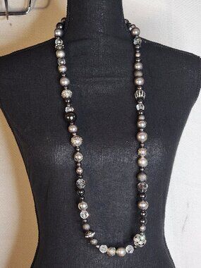 Chico's Gunmetal Filigree Crystal Ball Pewter Silver Faux Pearl 41.5" Necklace